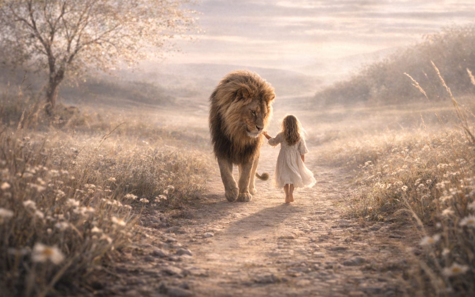 A small girl in a white dress walking a pale morning path hand in mane with a lion