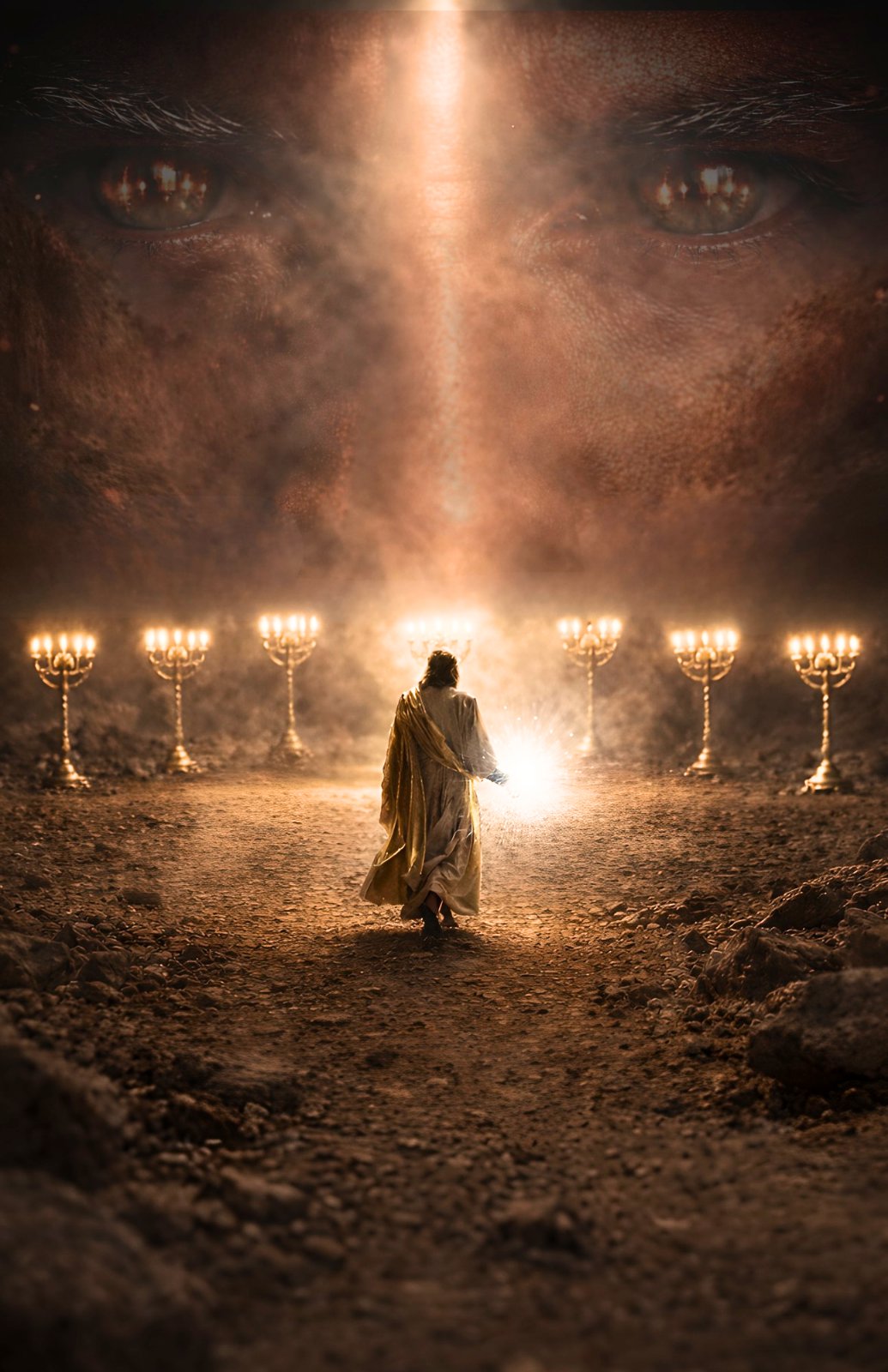 A robed figure walking a broken road between seven golden lampstands, light burning from his hand, an immense face with eyes like flame filling the sky above