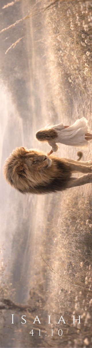 Bookmark footed Isaiah 41:10: a lion walking a bright morning path beside a small girl in white, the scene turned on its side to run the length of the card