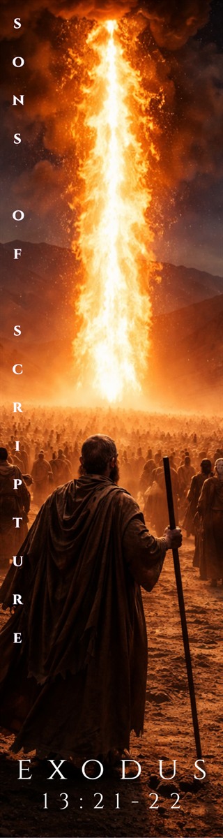 Bookmark headed Exodus 13:21-22 with Sons of Scripture set down the left edge: a column of fire standing over a crowd in the desert, a staff-carrying figure in the foreground seen from behind