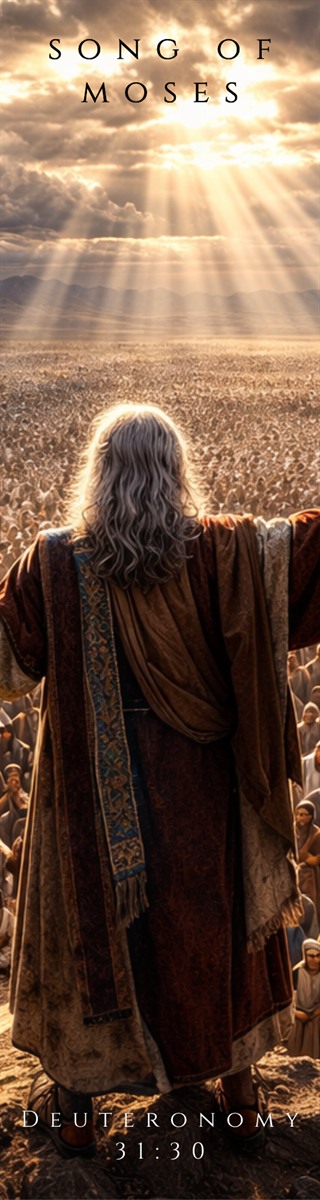 Bookmark headed Song of Moses: a grey-haired figure seen from behind with both arms spread, addressing a crowd stretching to the mountains under broken sunlight