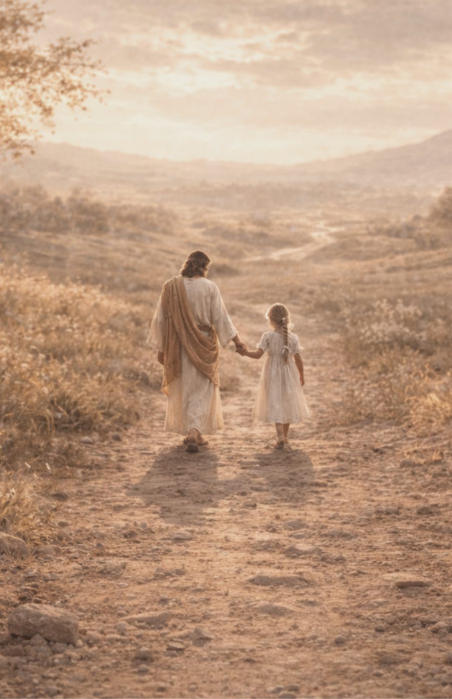 Christ walking a sunlit dirt road hand in hand with a small girl in a pale dress
