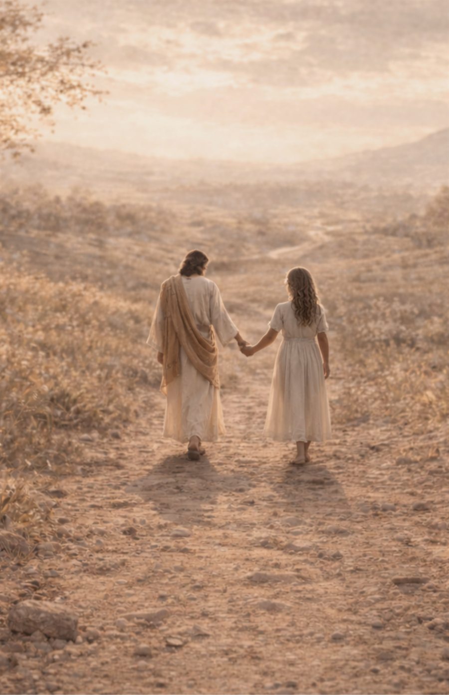 The same road and the same held hand, the girl now a young woman walking beside Christ