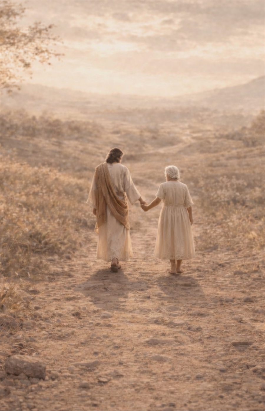 The same road again, the same hand still held, the woman now old with grey hair and a covered head