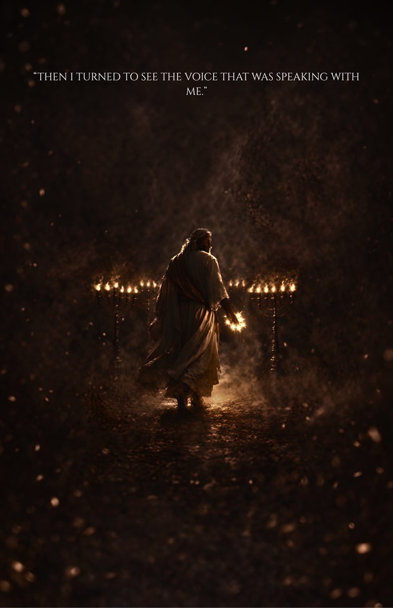 A small robed figure far off in near darkness, walking toward a low row of lit lampstands with light burning in his hand, dust hanging in the air, and the words “Then I turned to see the voice that was speaking with me” set in small capitals above