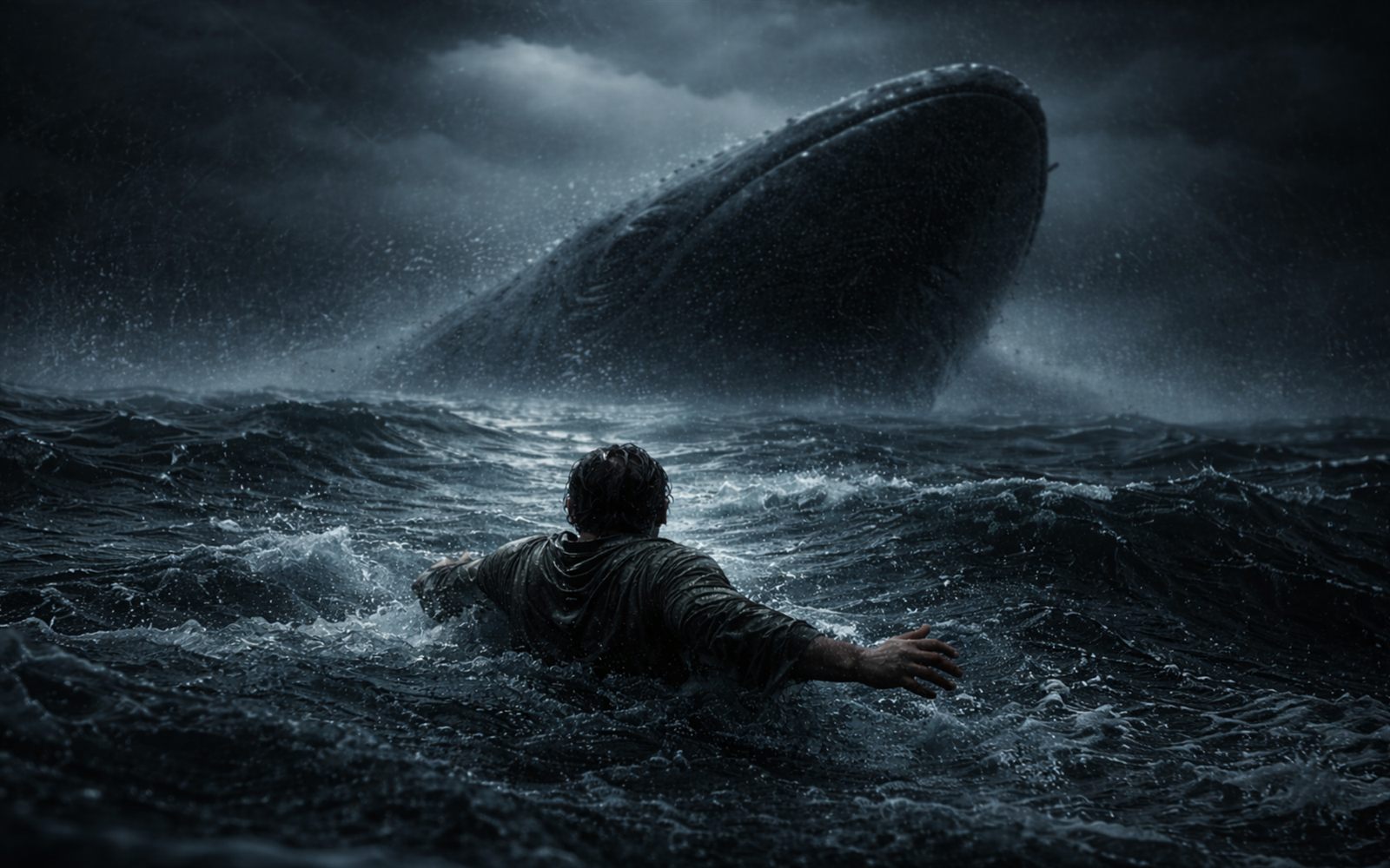A man struggling in heavy night seas as an immense fish rises out of the storm behind him