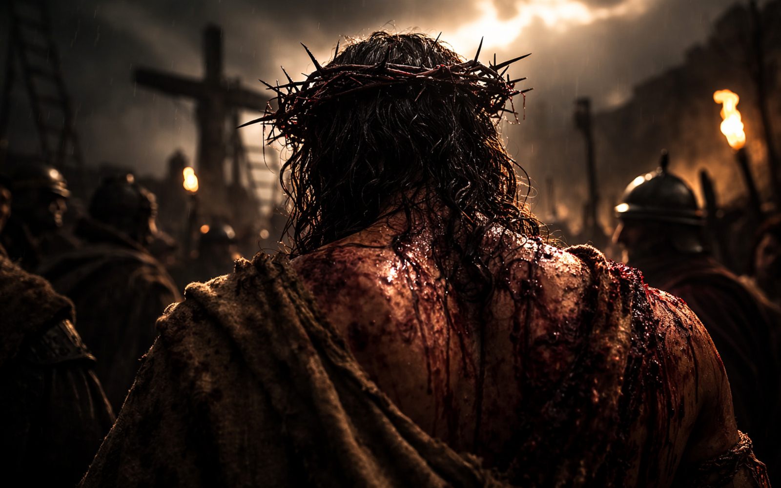 Christ seen from behind wearing the crown of thorns, his scourged shoulders bare, soldiers and a distant cross under a breaking sky