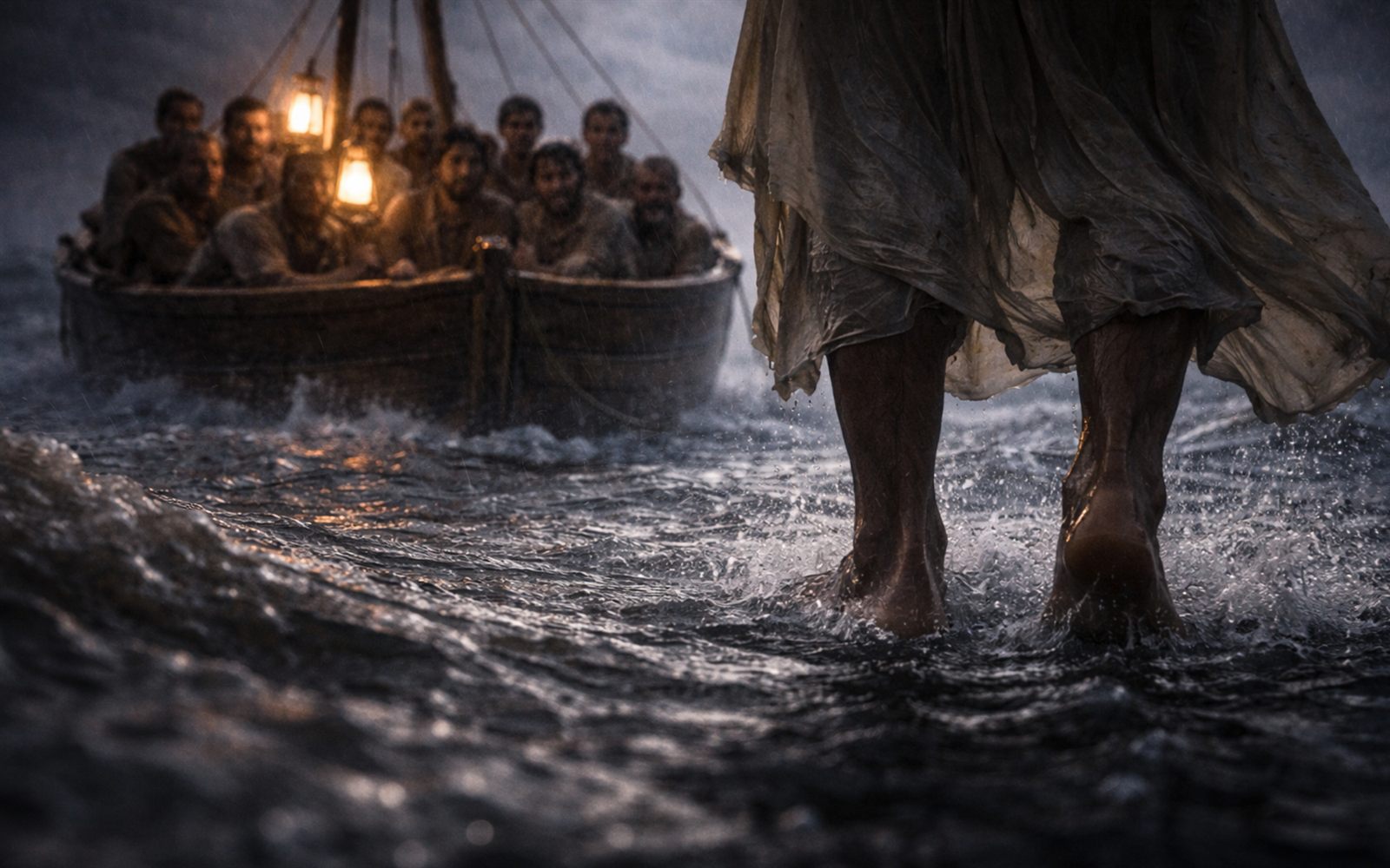Bare feet walking on storm water at night, seen from behind at the waterline, with a lantern-lit boat of astonished disciples ahead
